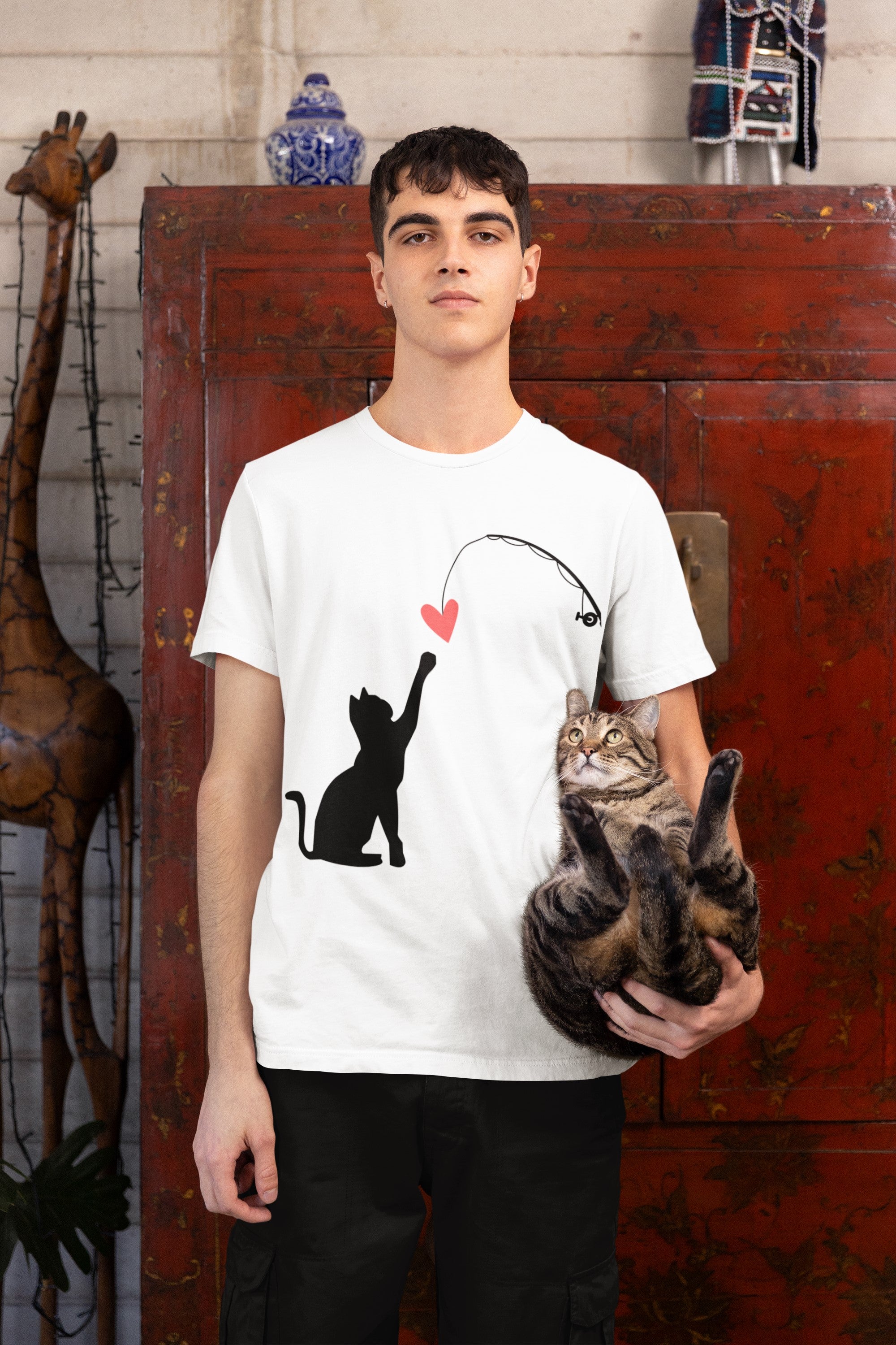 VS Cat Playing Unisex White Tee, Cute Feline Graphic Top.